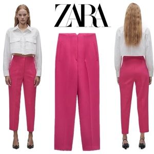 Zara fuchsia hot pink high waisted pleated ankle pants Sz L